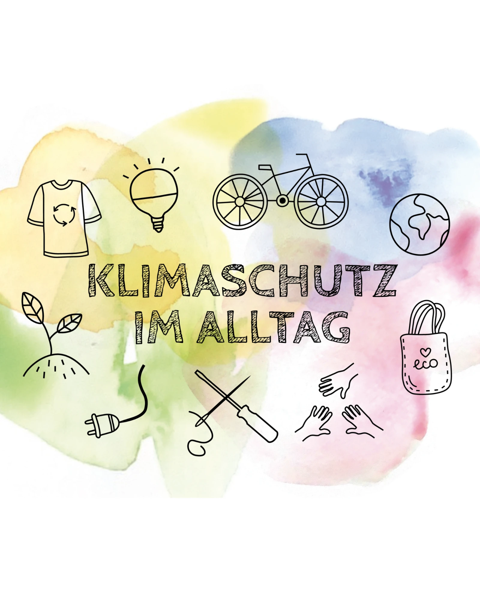 Das Logo von "Klimaschutz im Alltag" besteht aus bunten Wolken in denen verschiedene Symbole abgebildet sind, zum Beispiel ein Fahrraad, Hände, eine Glühbinr und die Welt. 