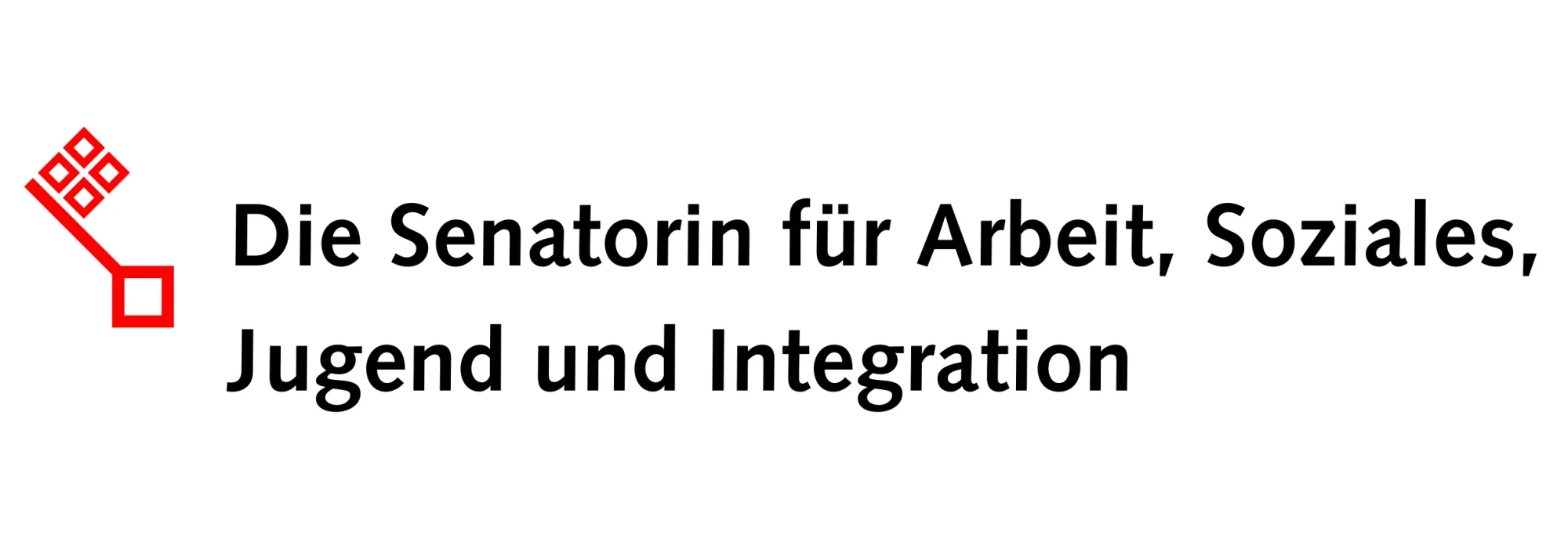 Das Logo der Senatorin für Arbeit, Soziales, Jugend und Integration besteht aus dem Text und einem roten Schlüssel links. 