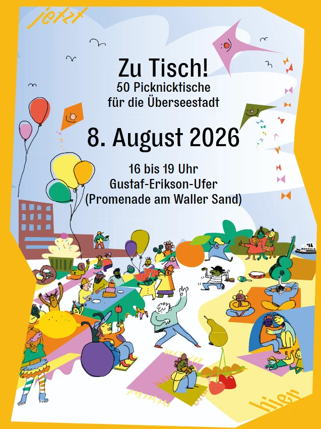 Bunte Illustration mit Menschen, die auf Picknickdecken sitzen, umgeben von Luftballons, Drachen und Essen, dar&uuml;ber Text mit Veranstaltungshinweis zu Picknicktischen am 8. August 2026 am Gustaf-Erikson-Ufer
