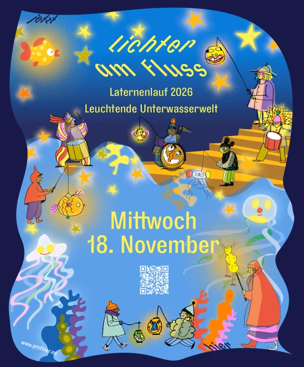 Buntes Plakat mit leuchtenden Unterwasserfiguren und Menschen mit Laternen vor blauem Hintergrund mit Text zu Laternenlauf 2026 am Mittwoch, 18. November