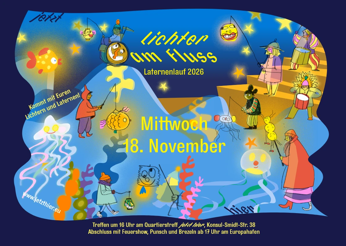 Buntes Plakat mit leuchtenden Unterwasserfiguren und Menschen mit Laternen vor blauem Hintergrund mit Text zu Laternenlauf 2026 am Mittwoch, 18. November