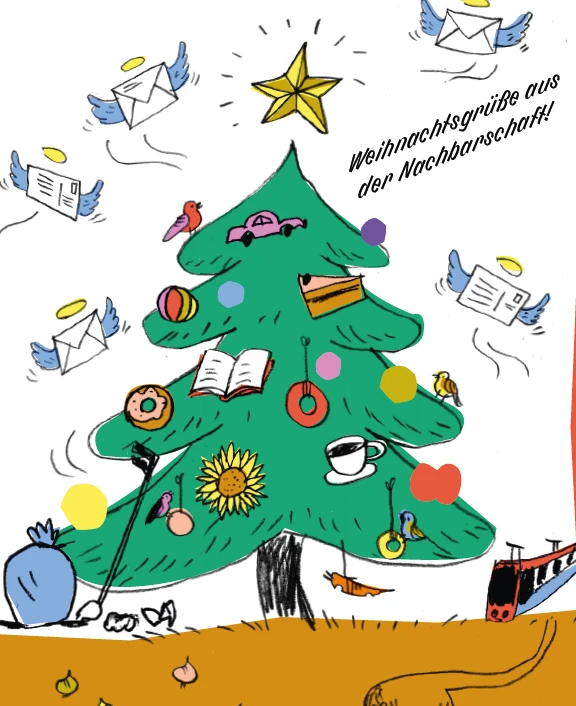 Eine illustrierte Weihnachtskarte zeigt einen geschm&uuml;ckten Tannenbaum mit verschiedenen Symbolen des Alltags statt typischer Weihnachtskugeln: ein Auto, ein Buch, eine Tasse, eine Sonnenblume, ein Donut, ein Brief, ein Vogel und mehr. &Uuml;ber dem Baum schwebt ein gelber Stern. Um den Baum fliegen Briefe mit kleinen Fl&uuml;geln. Rechts oben steht der Schriftzug &bdquo;Weihnachtsgr&uuml;&szlig;e aus der Nachbarschaft!&ldquo;. Am unteren Rand sind eine M&uuml;llt&uuml;te, ein Besen und ein roter Bus zu sehen.