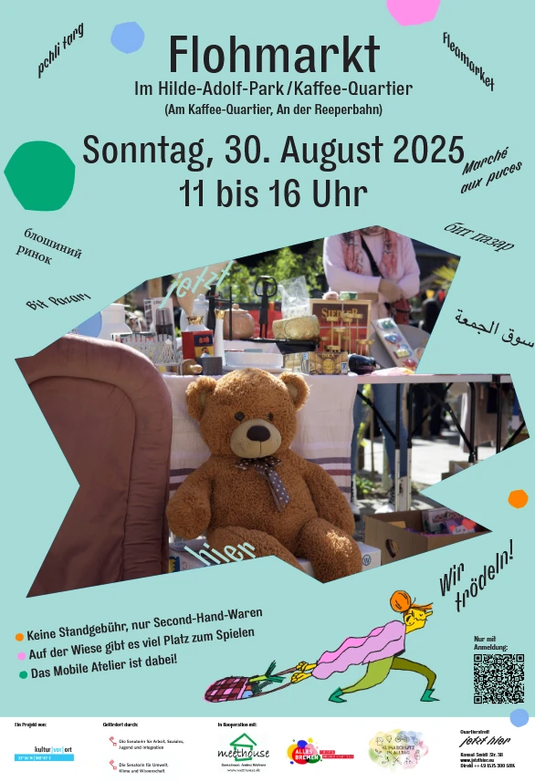 Plakat f&uuml;r Flohmarkt am 30. August 2025 von 11 bis 16 Uhr im Hilde-Adolf-Park mit Foto eines Teddyb&auml;ren auf Stuhl und weiteren Marktst&auml;nden im Hintergrund
